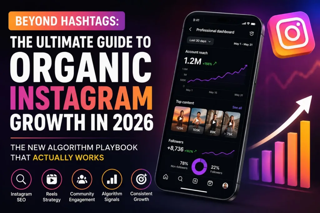 Beyond Hashtags: Organic Instagram Growth in 2026” with Instagram analytics dashboard, growth charts, and social media strategy icons in a purple-pink gradient design.