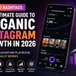 Beyond Hashtags: Organic Instagram Growth in 2026” with Instagram analytics dashboard, growth charts, and social media strategy icons in a purple-pink gradient design.