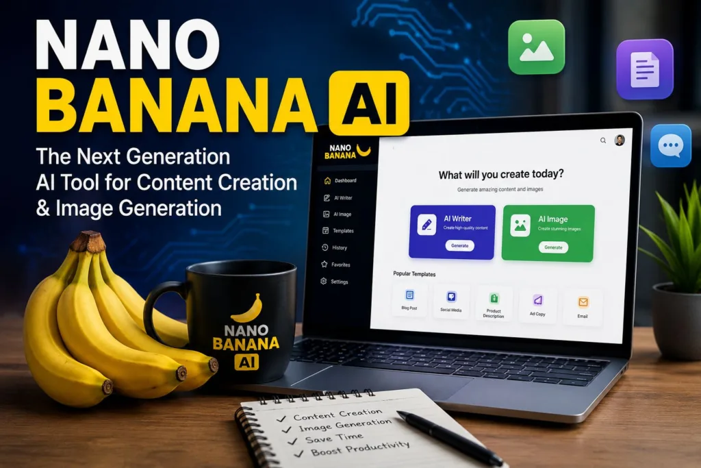 Nano Banana AI with content creation and AI image generation tools in a modern workspace.